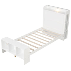 Twin Bed with Storage Headboard, Footboard Shelves, 2 USB Ports and LED Light