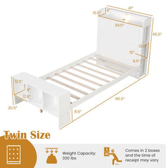 Twin Bed with Storage Headboard, Footboard Shelves, 2 USB Ports and LED Light