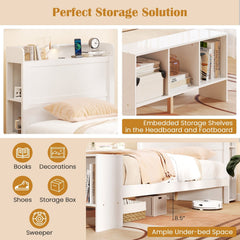 Twin Bed with Storage Headboard, Footboard Shelves, 2 USB Ports and LED Light