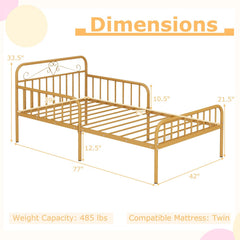 Twin Metal Bed with Scrolled Headboard and 10.5 Inch Side Guardrails, Gold