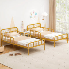 Twin Metal Bed with Scrolled Headboard and 10.5 Inch Side Guardrails, Gold