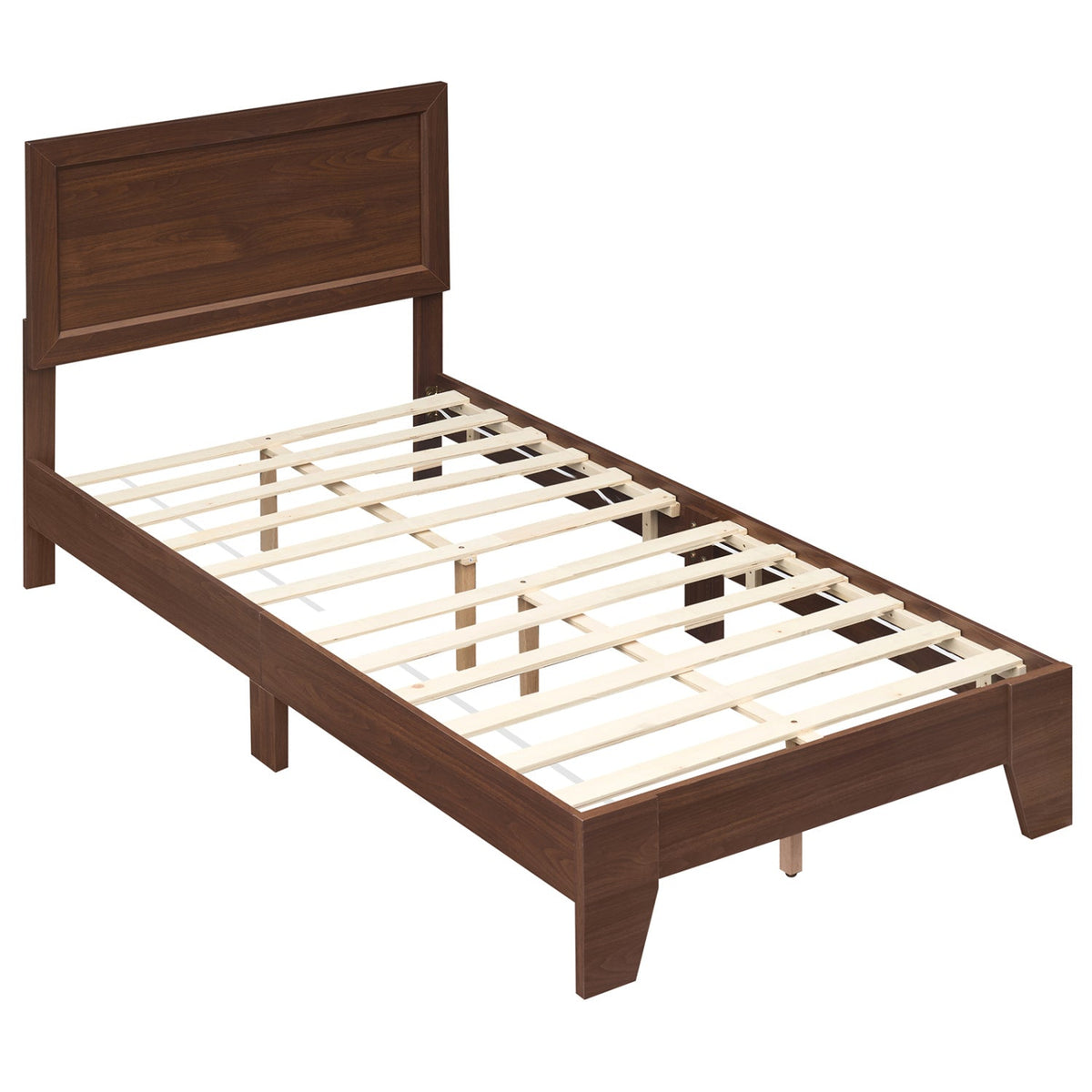 Twin Wood Platform Bed with Mid Century Headboard and 6 Inch Clearance, Walnut