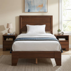 Twin Wood Platform Bed with Mid Century Headboard and 6 Inch Clearance, Walnut