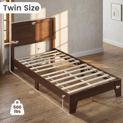 Twin Wood Platform Bed with Mid Century Headboard and 6 Inch Clearance, Walnut