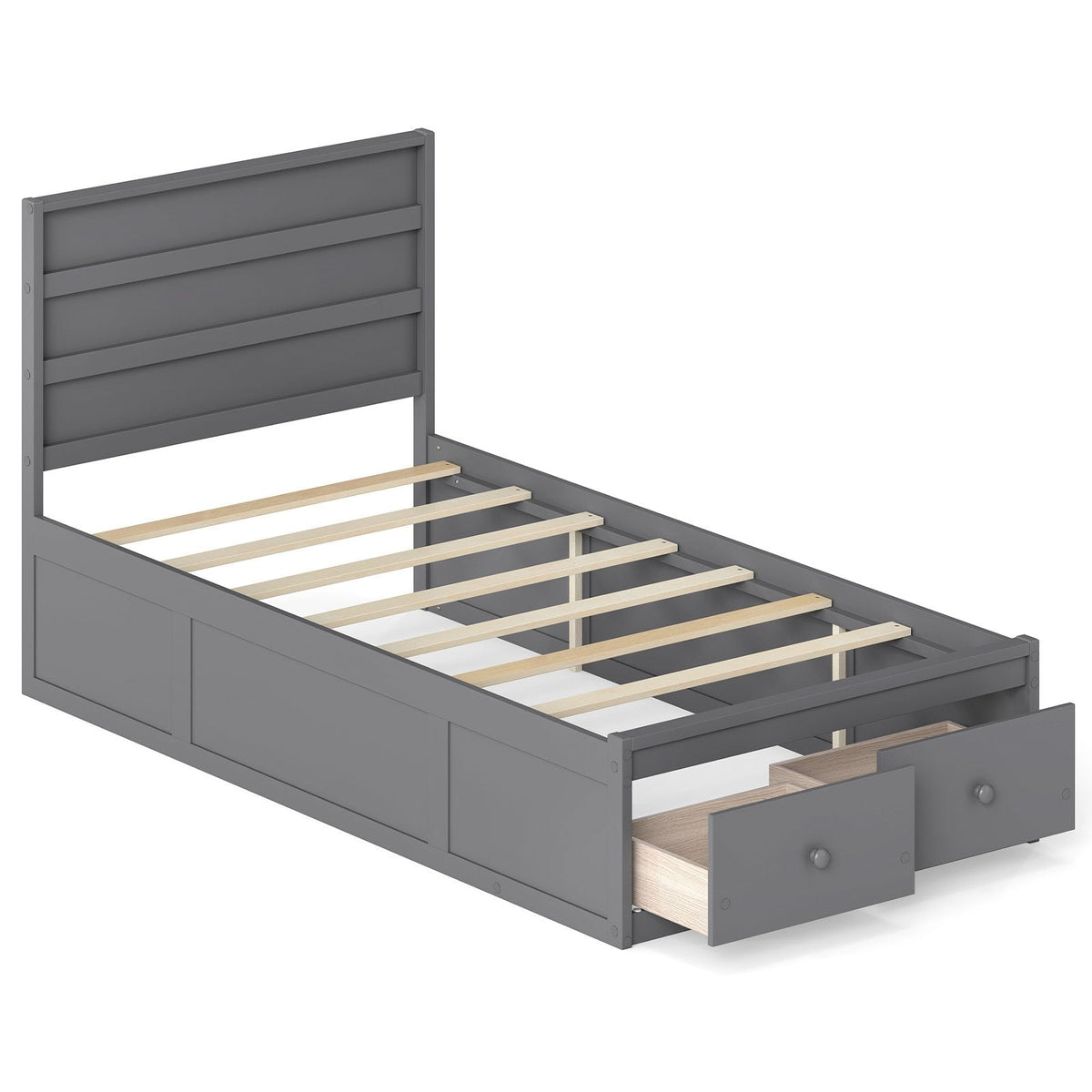 Twin Bed with 2 Storage Drawers, Panelled Headboard and Enclosed Base, Grey