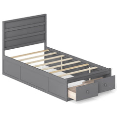 Twin Bed with 2 Storage Drawers, Panelled Headboard and Enclosed Base, Grey