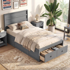 Twin Bed with 2 Storage Drawers, Panelled Headboard and Enclosed Base, Grey