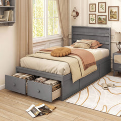 Twin Bed with 2 Storage Drawers, Panelled Headboard and Enclosed Base, Grey