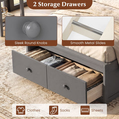 Twin Bed with 2 Storage Drawers, Panelled Headboard and Enclosed Base, Grey