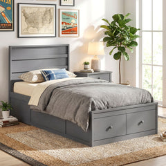 Twin Bed with 2 Storage Drawers, Panelled Headboard and Enclosed Base, Grey