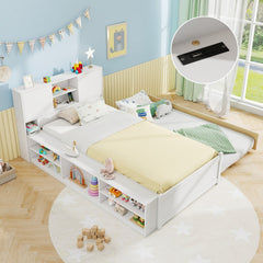 Twin Size Bed Frame with Trundle and Power Outlets-White