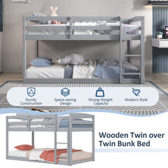 Twin Size Bunk Bed with High Guardrails and Integrated Ladder-Gray
