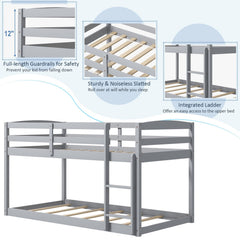Twin Size Bunk Bed with High Guardrails and Integrated Ladder-Gray