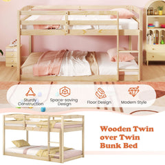 Twin Size Bunk Bed with High Guardrails and Integrated Ladder-Natural