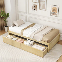Twin Captain Bed with 2 Rolling Drawers and Raised Edges, Natural Pine