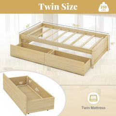 Twin Captain Bed with 2 Rolling Drawers and Raised Edges, Natural Pine