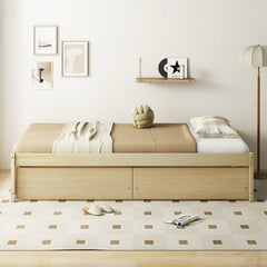 Twin Captain Bed with 2 Rolling Drawers and Raised Edges, Natural Pine
