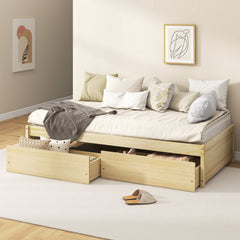 Twin Captain Bed with 2 Rolling Drawers and Raised Edges, Natural Pine