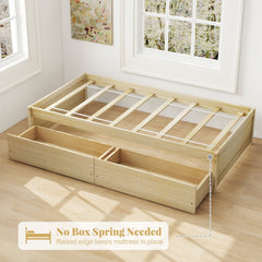 Twin Captain Bed with 2 Rolling Drawers and Raised Edges, Natural Pine