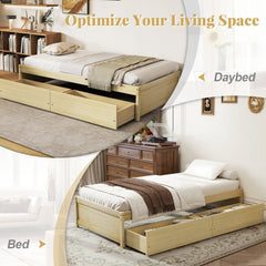 Twin Captain Bed with 2 Rolling Drawers and Raised Edges, Natural Pine