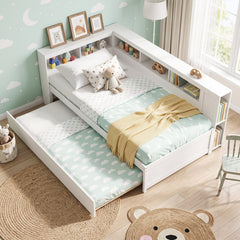 Twin Size Daybed Platform Bed Frame with Trundle and Bedside Shelves-White