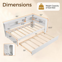 Twin Size Daybed Platform Bed Frame with Trundle and Bedside Shelves-White