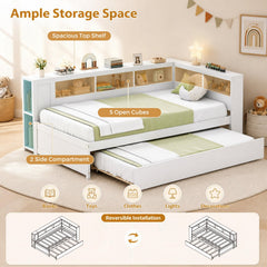 Twin Size Daybed Platform Bed Frame with Trundle and Bedside Shelves-White
