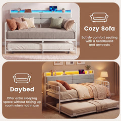 Twin Size Daybed with Trundle and Metal Bed Frame with Headboard-White