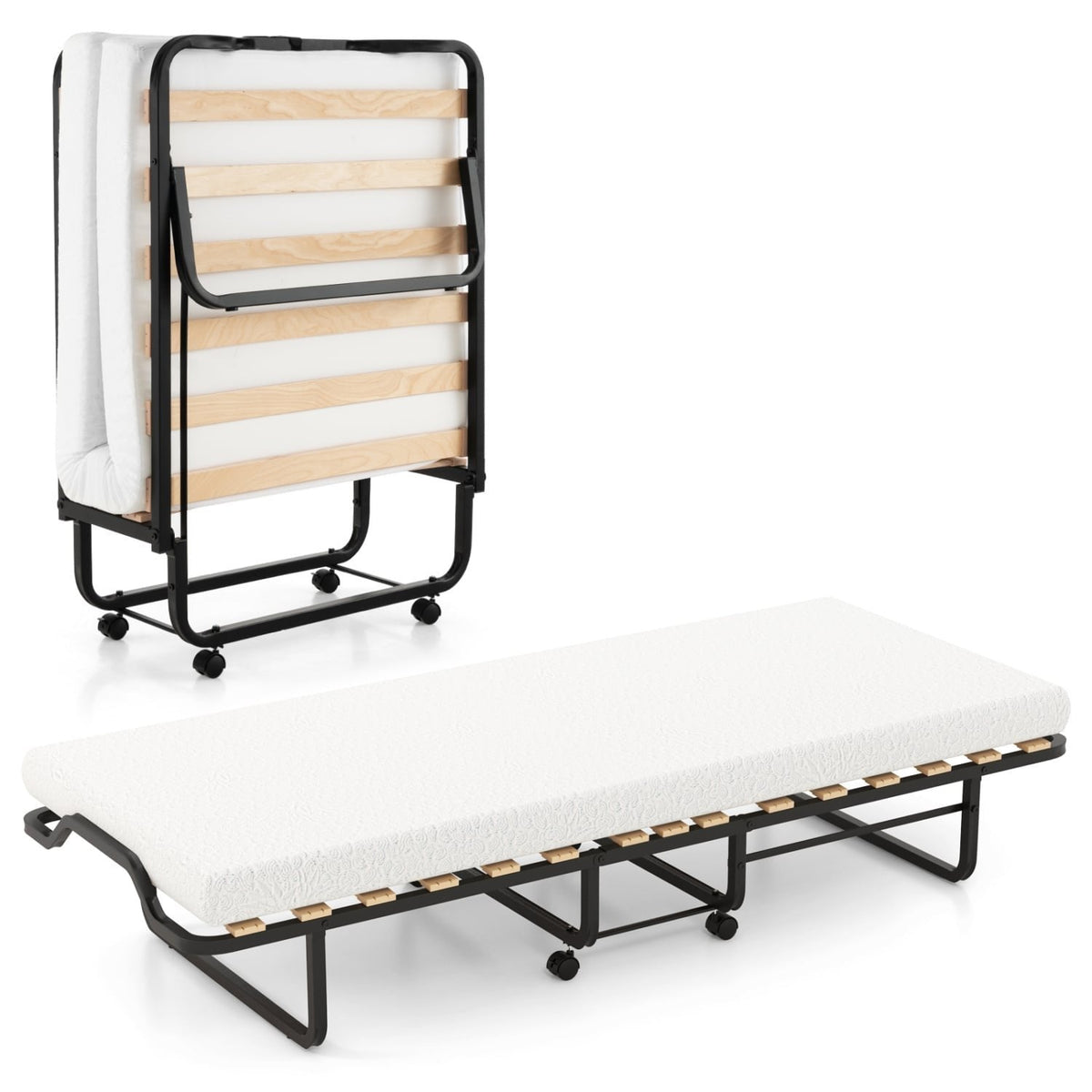 Twin Size Folding Bed with Foam Mattress and Lockable Wheels