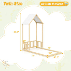 Twin Size House Bed with House Shape Roof and Semi-Fence-Natural