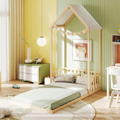 Twin Size House Bed with House Shape Roof and Semi-Fence-Natural