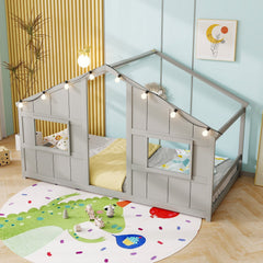 Twin Size House Bed with LED Lights Montessori Slat-free Floor Bed-Grey