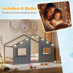 Twin Size House Bed with LED Lights Montessori Slat-free Floor Bed-Grey