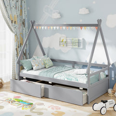 Twin Size House Bed with Roof and Safety Guardrail-Gray