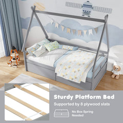 Twin Size House Bed with Roof and Safety Guardrail-Gray