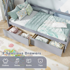 Twin Size House Bed with Roof and Safety Guardrail-Gray