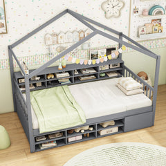 Twin Size House Bed with Roof with 14 Storage Cubes and Enclosed Cabinet-Gray