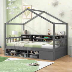 Twin Size House Bed with Roof with 14 Storage Cubes and Enclosed Cabinet-Gray