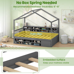 Twin Size House Bed with Roof with 14 Storage Cubes and Enclosed Cabinet-Gray