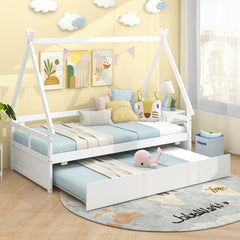Twin Size House Bed with Trundle and Safety Guardrail-White