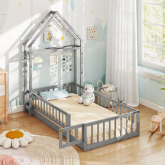 Twin House Floor Bed with Fence Guardrails, Lockable Gate and Clothes Hanger, Grey