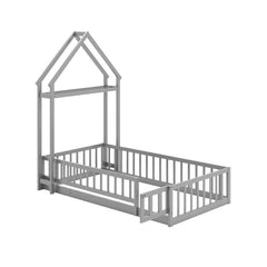 Twin House Floor Bed with Fence Guardrails, Lockable Gate and Clothes Hanger, Grey