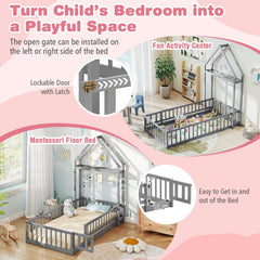 Twin House Floor Bed with Fence Guardrails, Lockable Gate and Clothes Hanger, Grey
