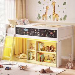 Twin Size Kids Loft Bed with LED Lights and Removable Bookcase-White