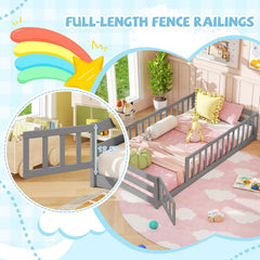Twin Size Kids Wood Montessori Floor Bed with Door and Fence-Gray