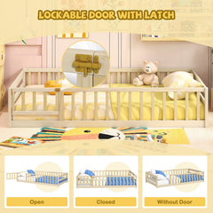 Twin Size Kids Wood Montessori Floor Bed with Door and Fence-Natural
