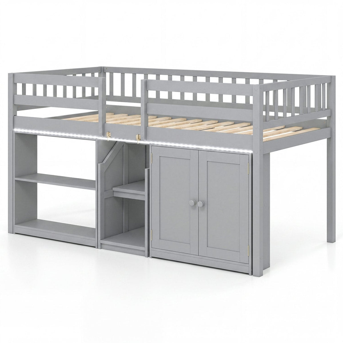 Twin Size Loft Bed with LED Lights and Kids Wooden Bed Frame-Gray