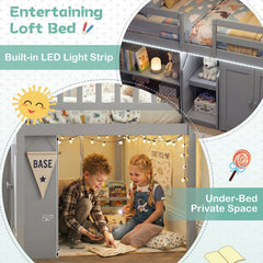 Twin Size Loft Bed with LED Lights and Kids Wooden Bed Frame-Gray