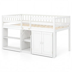 Twin Size Loft Bed with LED Lights and Kids Wooden Bed Frame-White