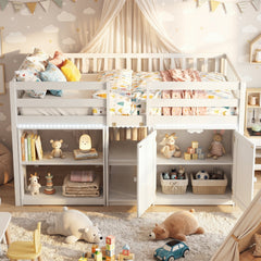 Twin Size Loft Bed with LED Lights and Kids Wooden Bed Frame-White